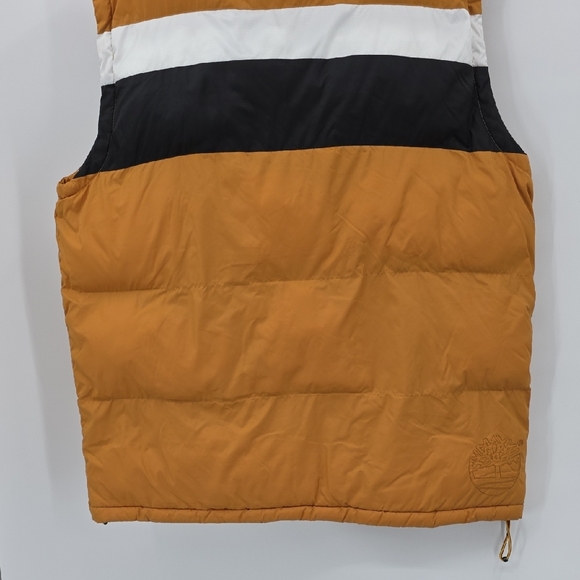 Timberland Men's Puffer Vest in Orange with Black and White Stripes Size XL - Picture 6 of 9